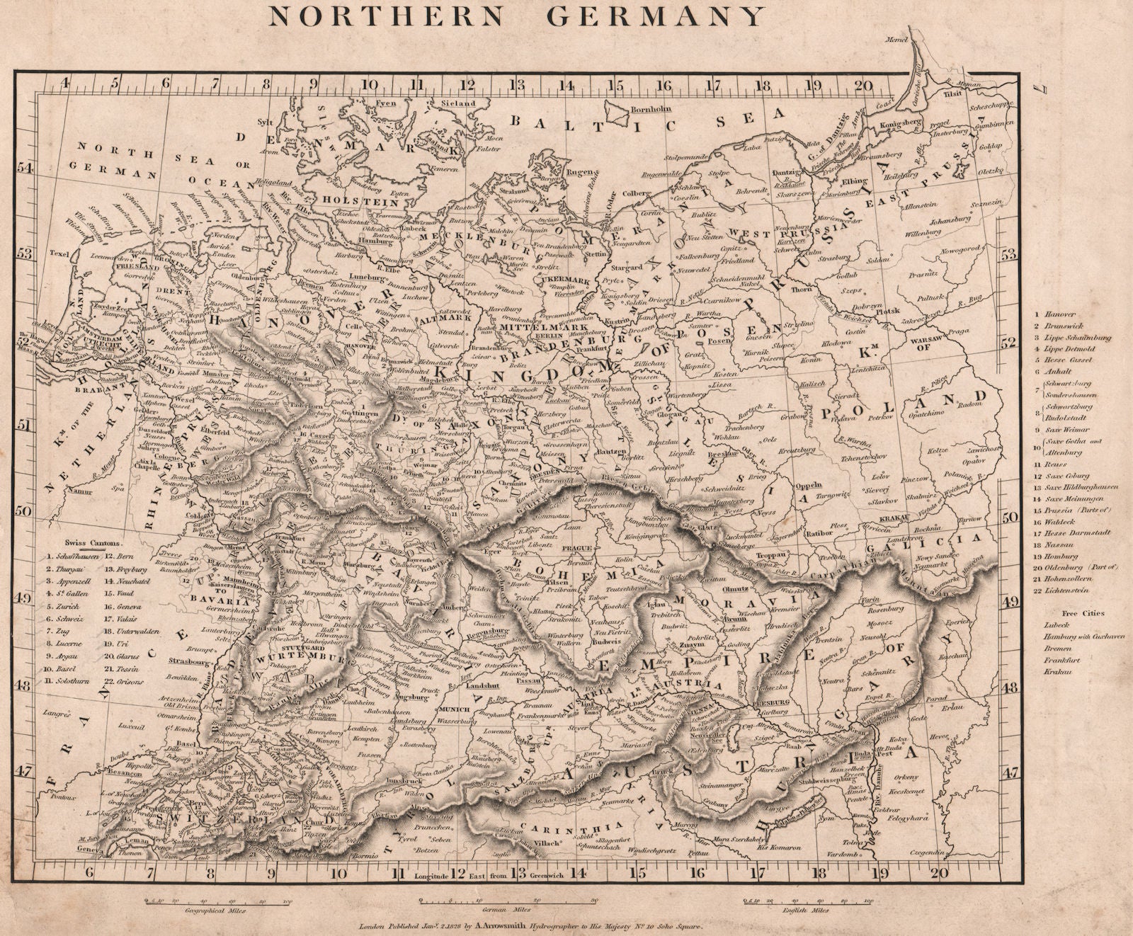 NORTHERN GERMANY. States. Free Cities. Switzerland Austria. ARROWSMITH 1828 map